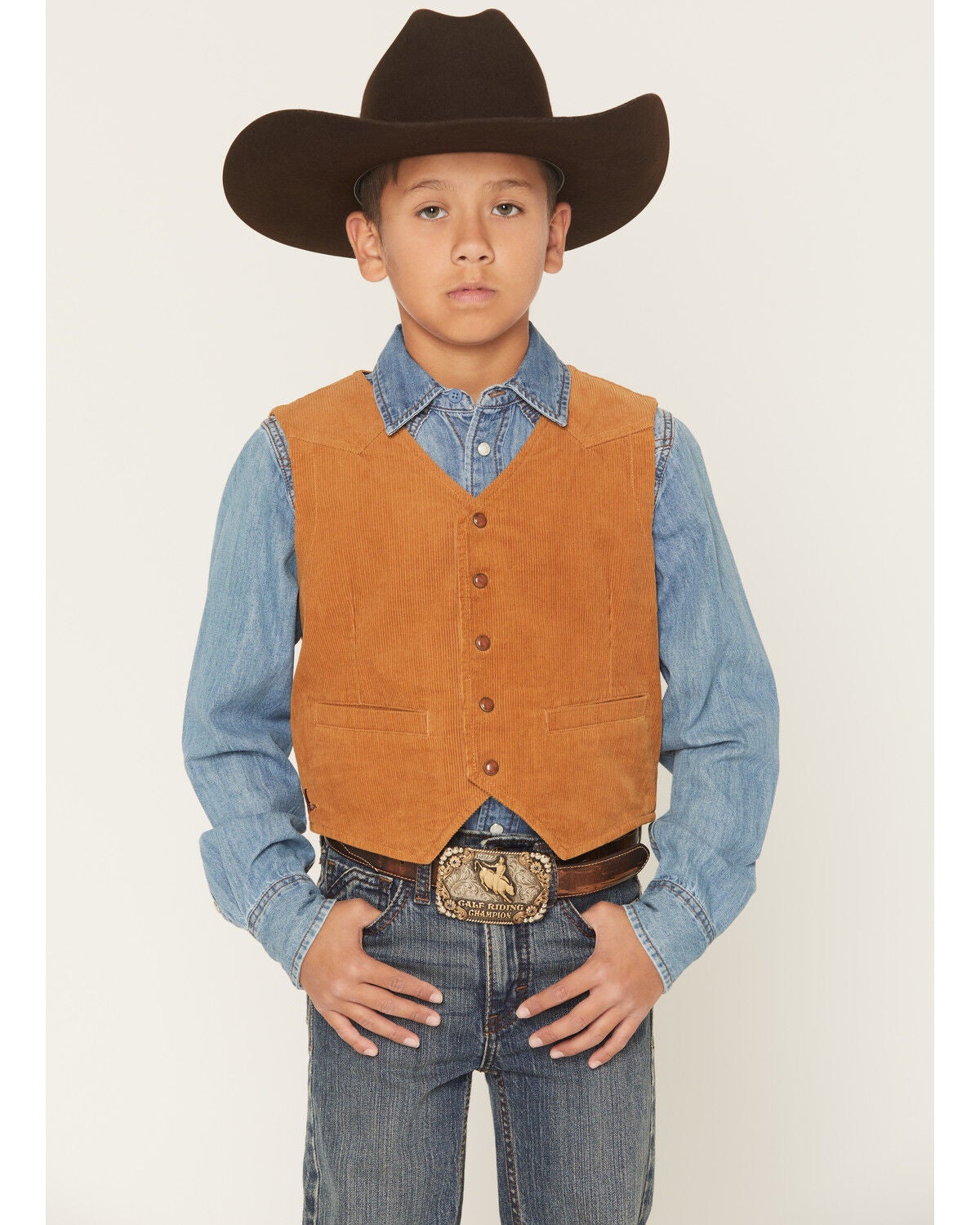 Cody James Boys' William Corduroy Western Vest, Tan, hi-res