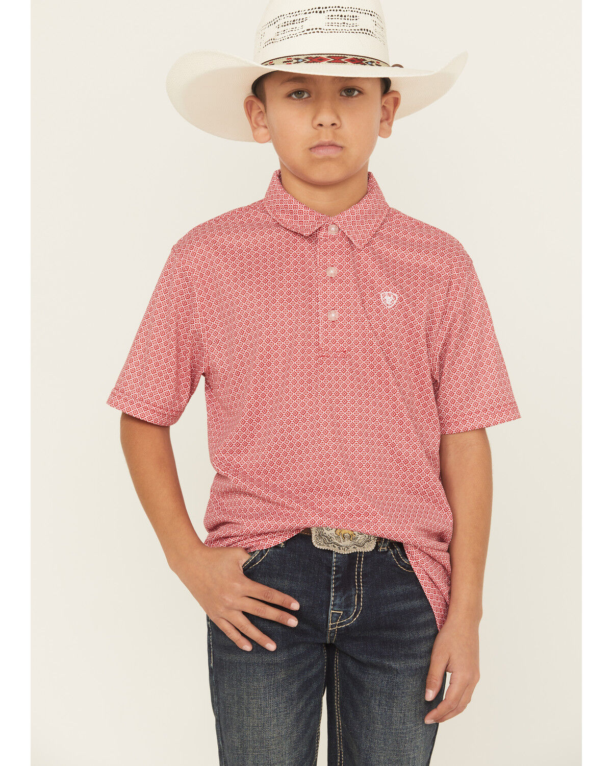 Image #1 - Ariat Boys' Geo Print Short Sleeve Button-Down Polo, Red, hi-res