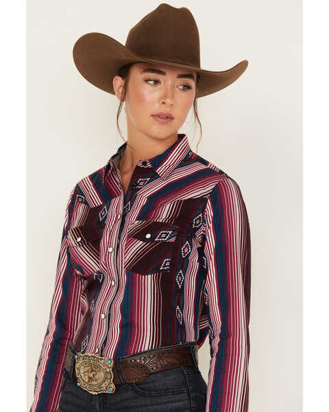 Image #2 - RANK 45® Women's Southwestern Stripe Print Heritage Snap Stretch Western Riding Shirt, Burgundy, hi-res