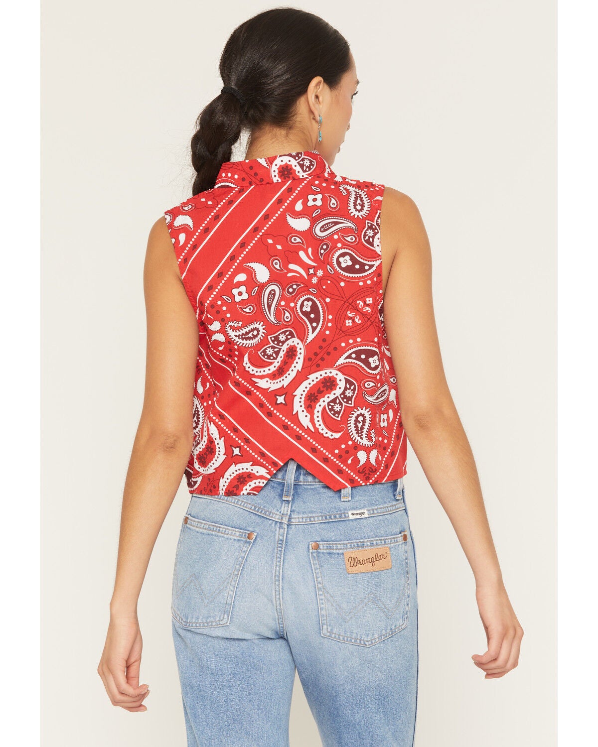 Image #4 - Wrangler Retro Women's Bandana Print Sleeveless Cropped Snap Western Shirt, Red, hi-res