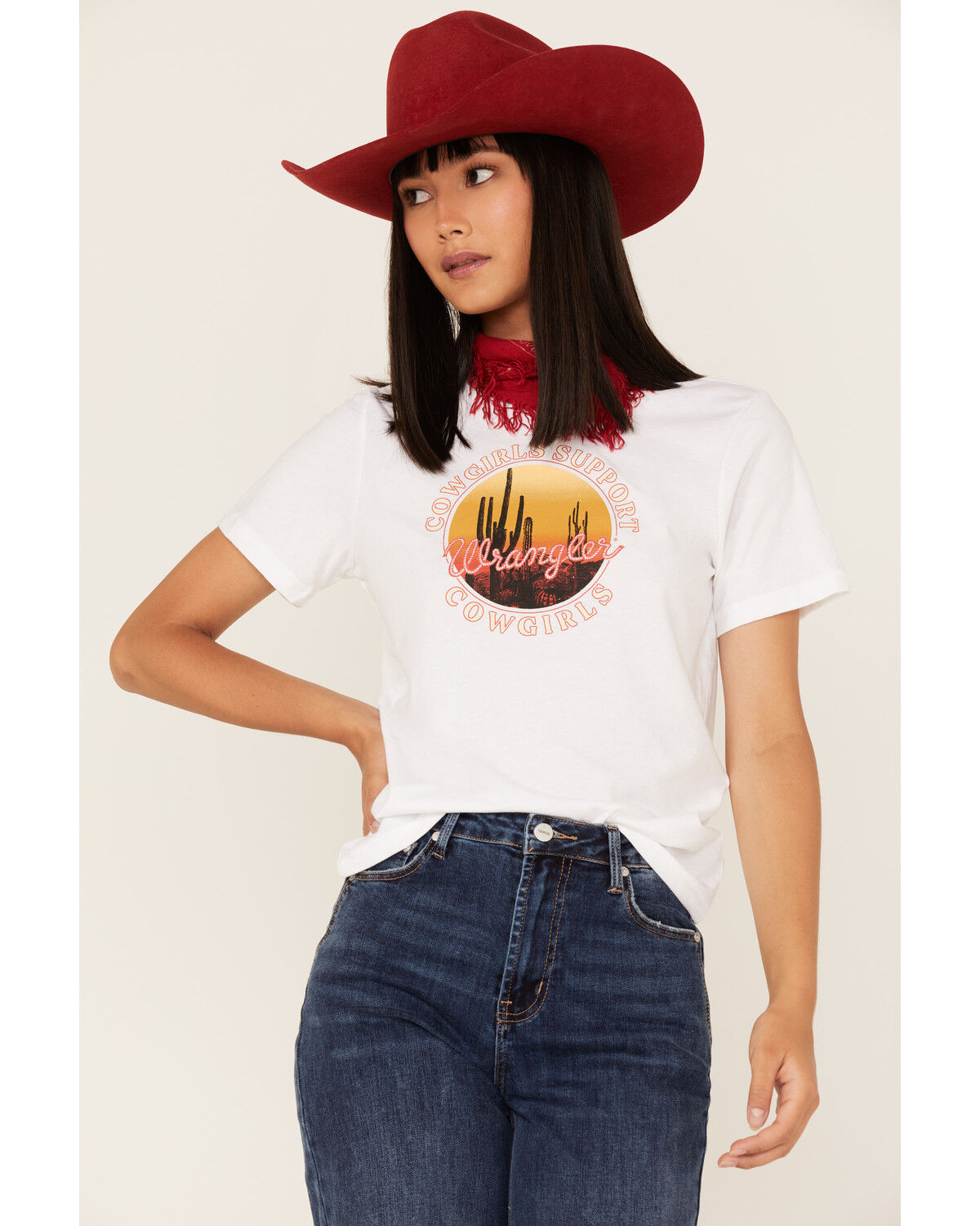 Image #1 - Wrangler Women's Boot Barn Exclusive Cowgirls Support Cowgirls Logo Graphic Tee, White, hi-res