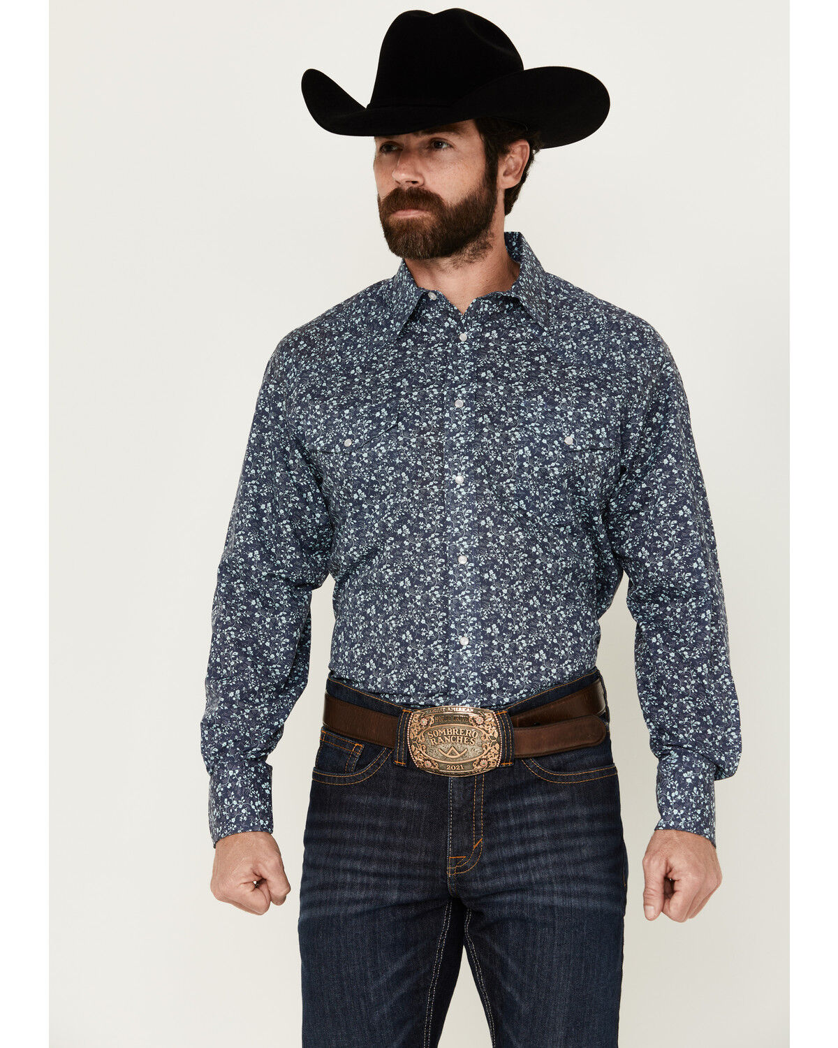 Image #1 - Roper Men's Floral Print Long Sleeve Pearl Snap Western Shirt, Navy, hi-res