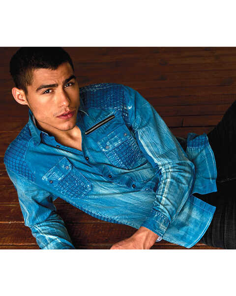 Image #2 - Austin Season Men's Criss-Cross Pattern Long Sleeve Western Shirt , Blue, hi-res