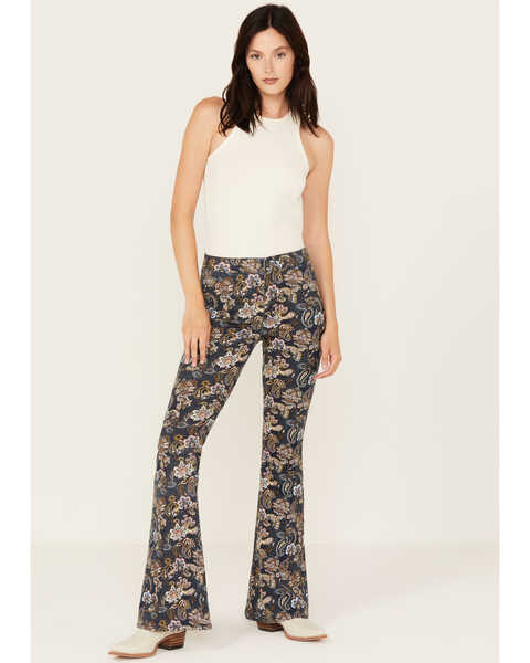 Image #1 - Rock & Roll Denim Women's Floral Print High Rise Button Bargain Bell Flare Jeans, Multi, hi-res