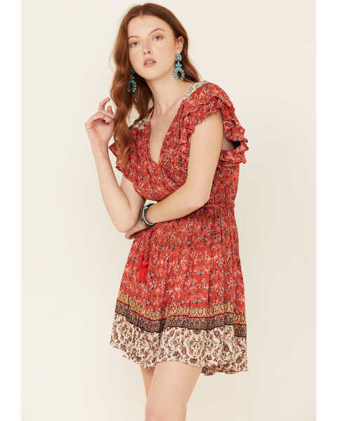 Image #1 - Angie Women's Ruffle Sleeve Tiered Dress, Red, hi-res