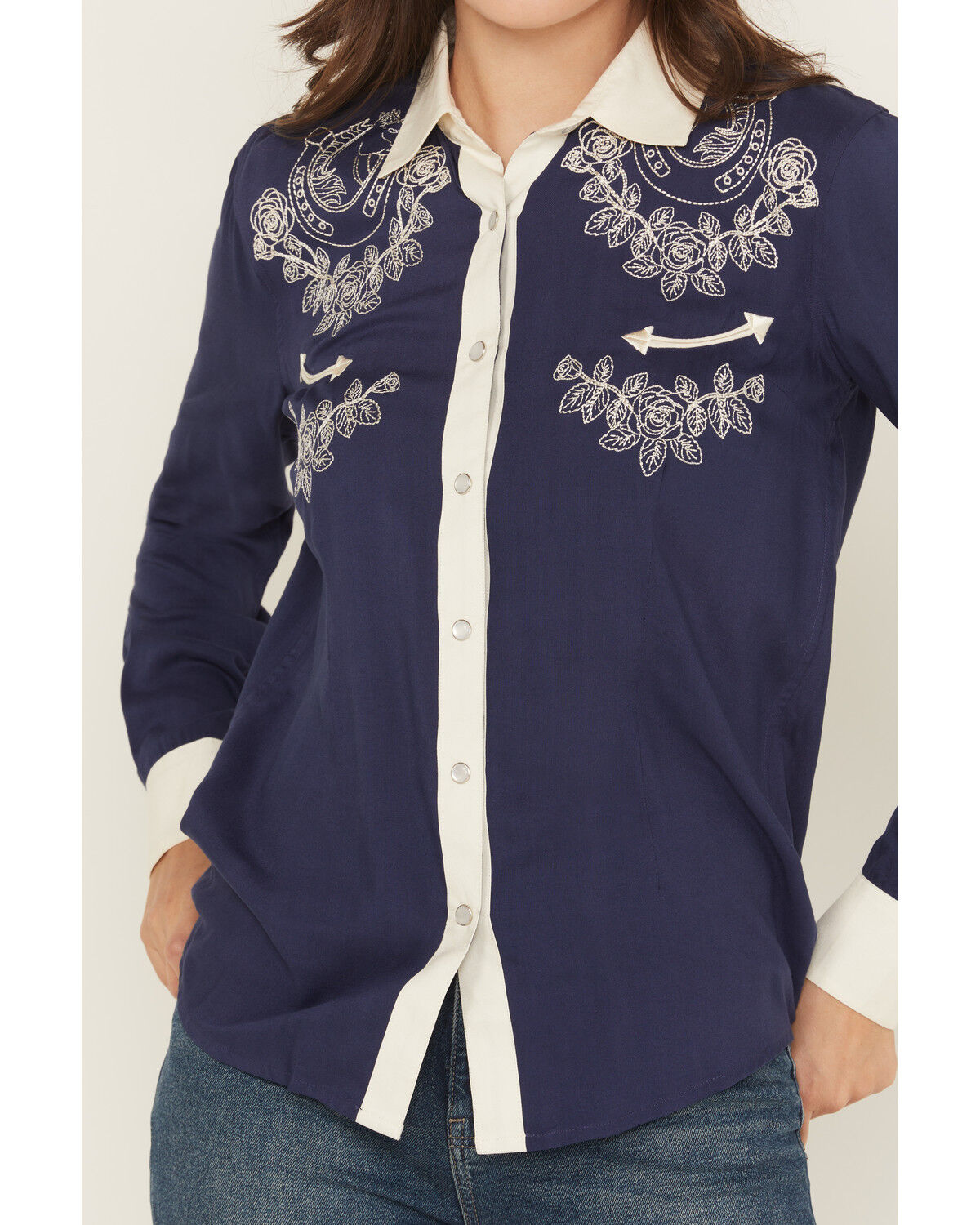 Image #3 - Panhandle Women's Retro Floral & Horse Embroidered Long Sleeve Pearl Snap Western Shirt, Navy, hi-res
