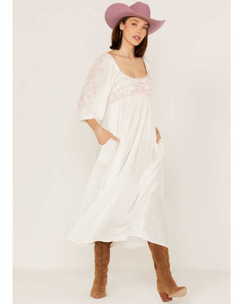 Image #1 - Free People Women's Wedgewood Embroidered Long Puff Sleeve Midi Dress, Ivory, hi-res
