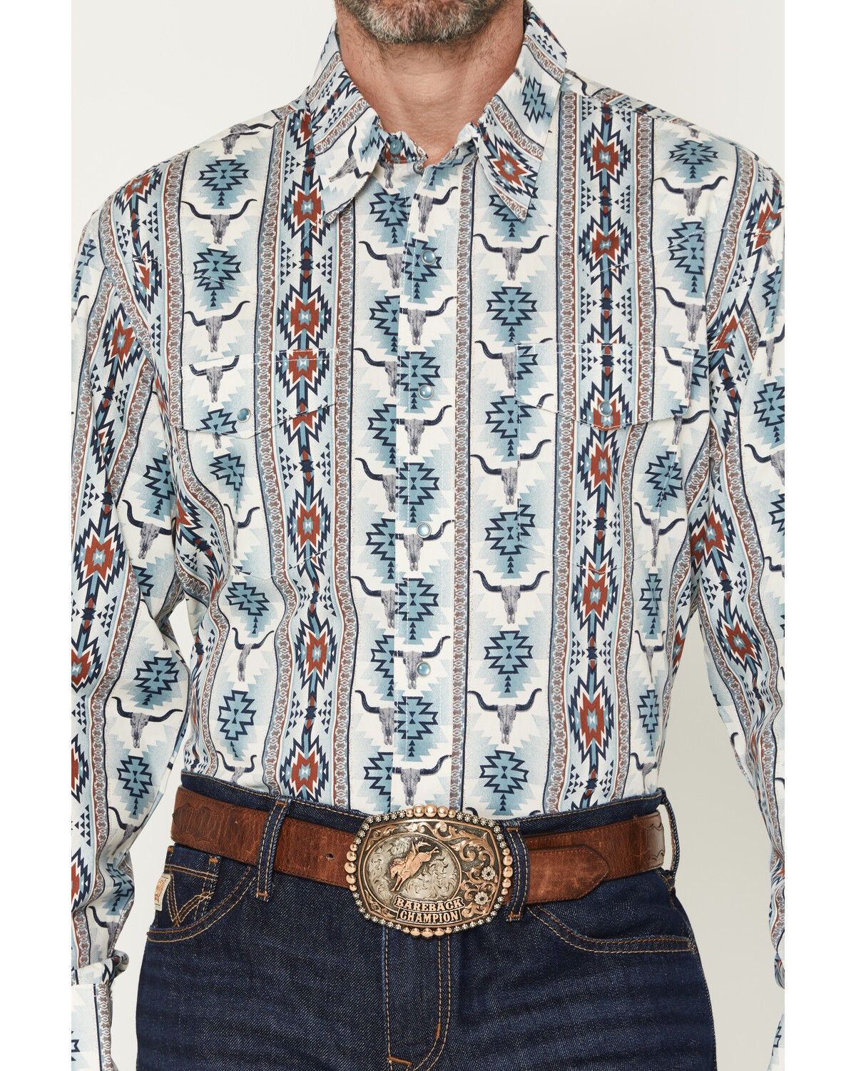 Image #3 - Wrangler Men's Checotah Southwestern Striped Long Sleeve Pearl Snap Western Shirt - Tall, Blue, hi-res
