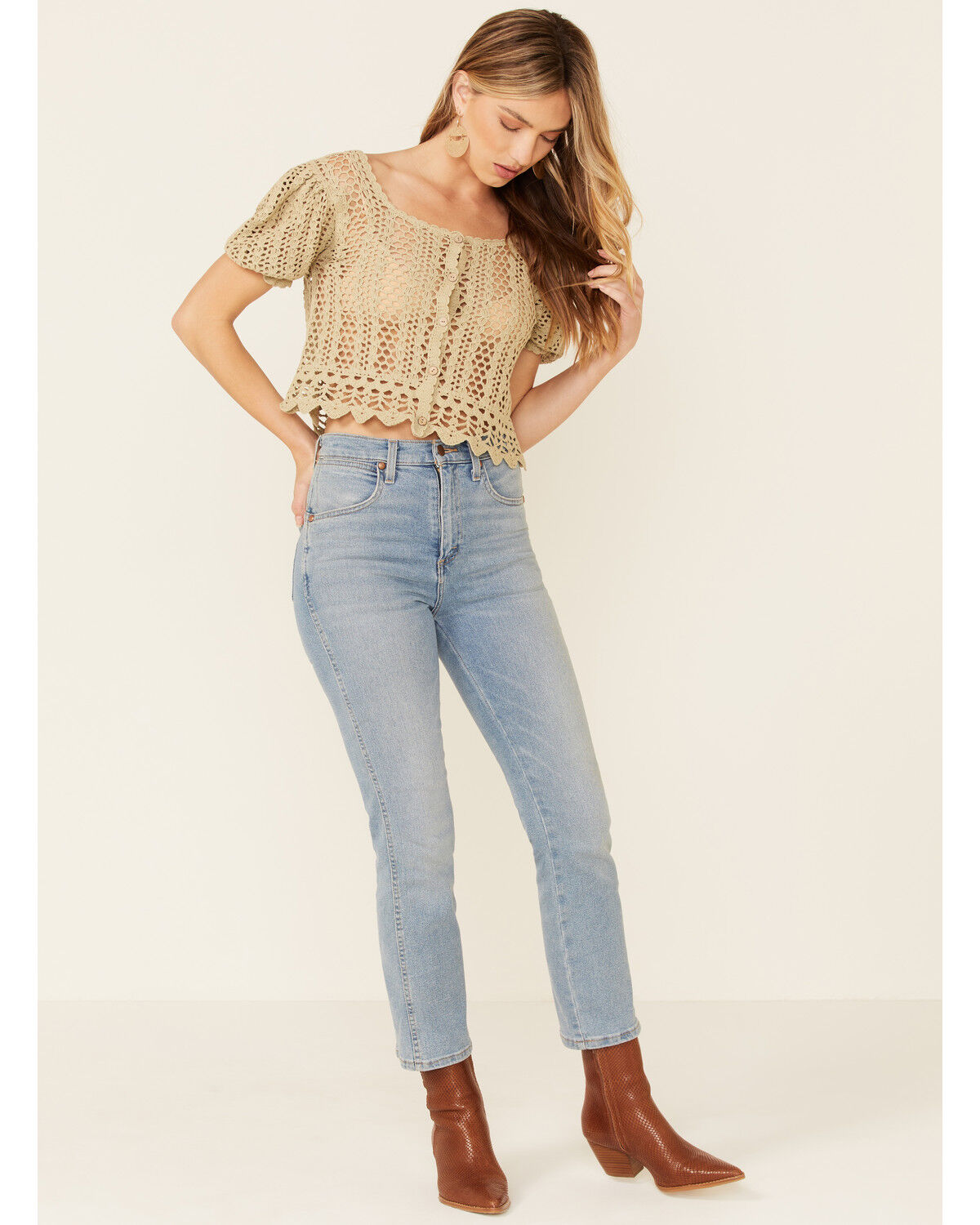 Image #2 - Very J Women's Open Weave Scallop Hem Short Sleeve Button-Down Crop Top, Olive, hi-res