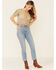 Image #2 - Very J Women's Open Weave Scallop Hem Short Sleeve Button-Down Crop Top, Olive, hi-res