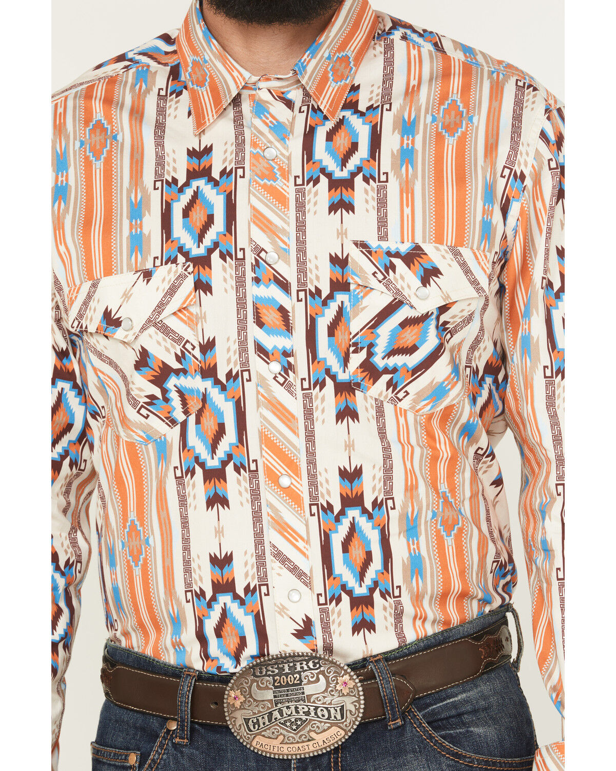 Image #3 - Rock & Roll Denim Men's Southwestern Print Long Sleeve Snap Stretch Western Shirt, Orange, hi-res