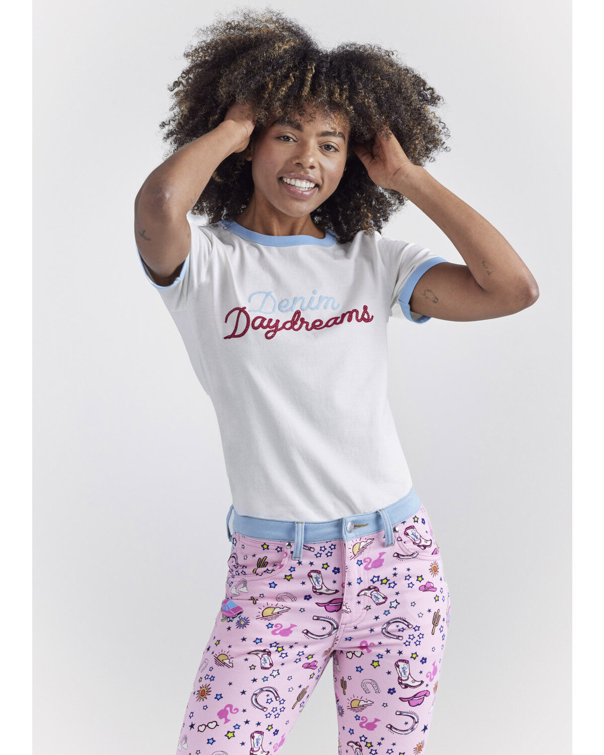 Image #1 - Wrangler® X Barbie™ Women's Denim Daydreams Slim Ringer Tee, White, hi-res