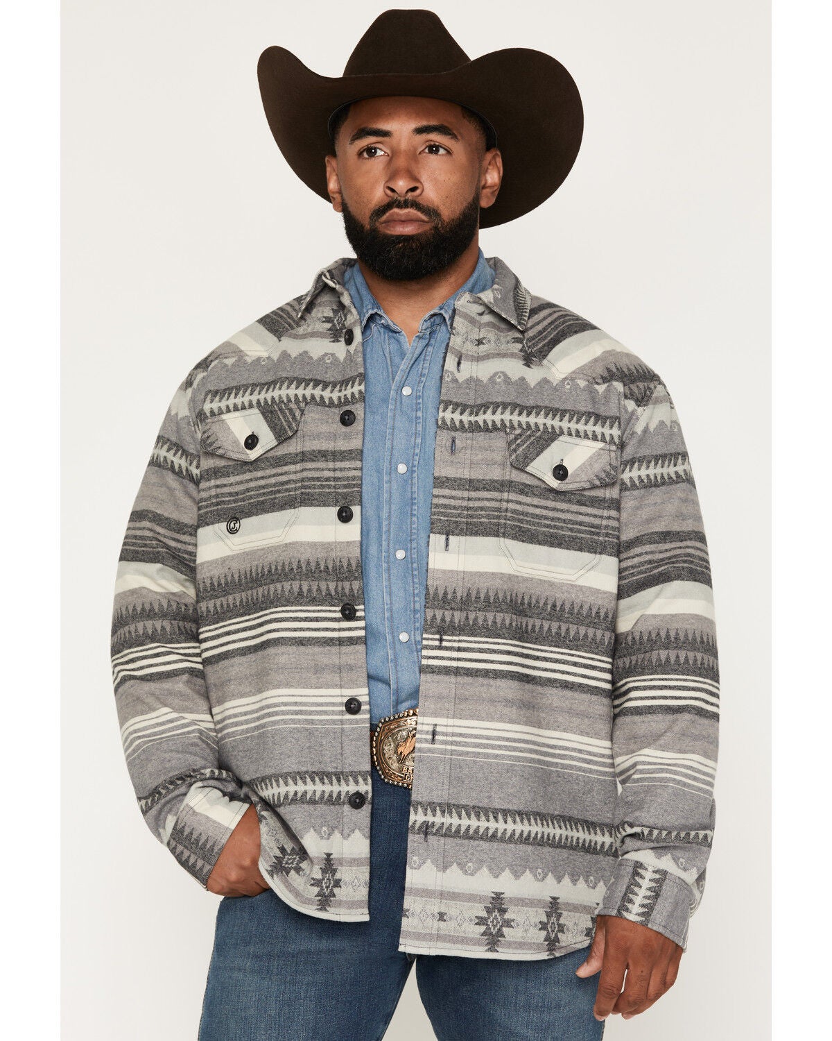 Cody James Men's Cowpoke Southwestern Striped Sherpa Lined Shirt Jacket, Charcoal, hi-res