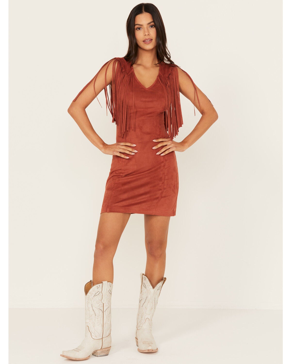 Idyllwind Women's Lady Bird Faux Suede Fringe Muscle Sleeve Mini Dress, Pecan, hi-res