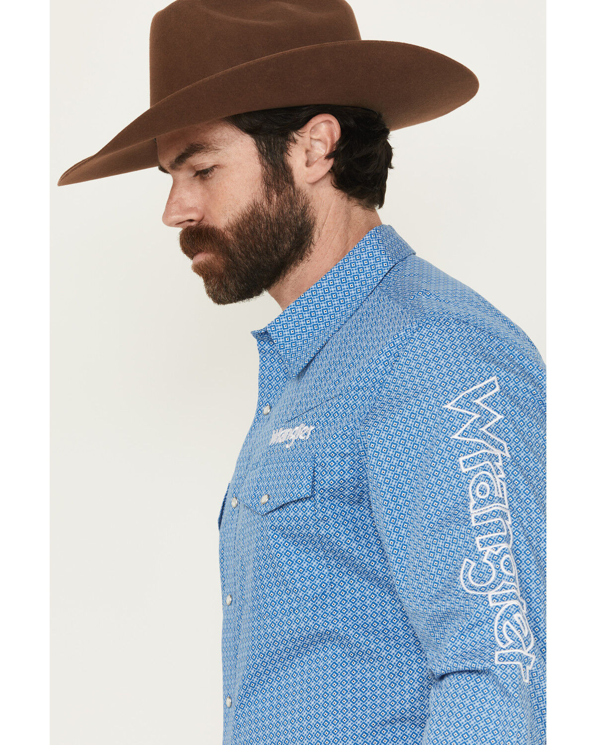 Image #2 - Wrangler Men's Geo Print Logo Long Sleeve Snap Western Shirt, Blue, hi-res