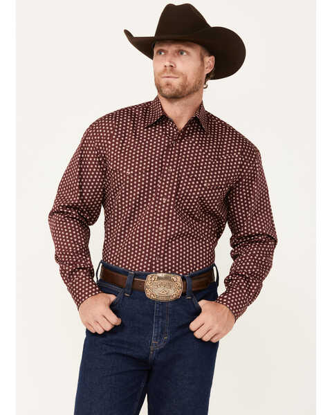 Stetson Men's Geo Print Long Sleeve Snap Western Shirt, Wine, hi-res