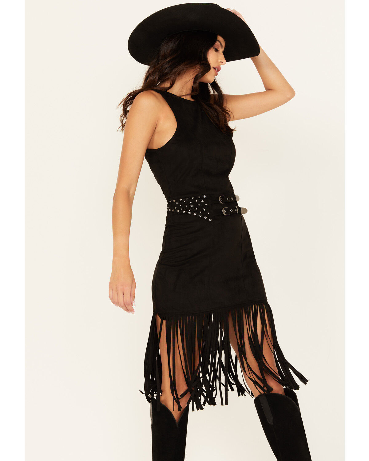 Image #2 - Rock & Roll Denim Women's Faux Suede Fringe Belted Mini Dress, , hi-res