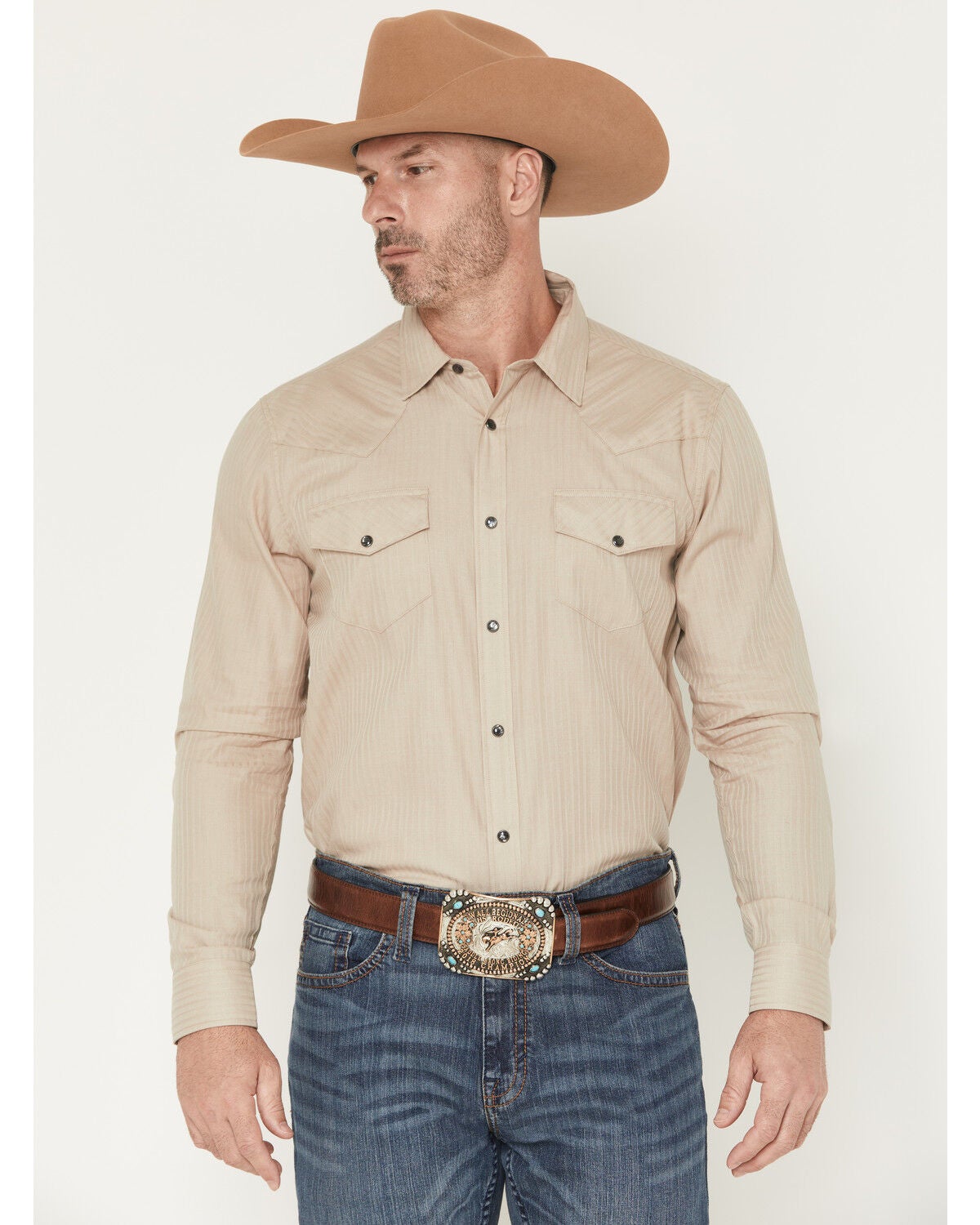 Image #1 - Gibson Trading Co Men's Southside Tonal Satin Striped Long Sleeve Snap Stretch Western Shirt, Taupe, hi-res