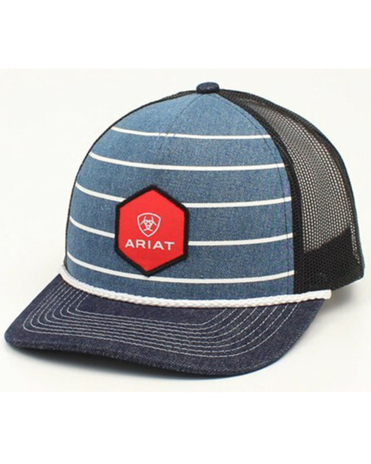 Image #1 - Ariat Men's Striped Denim Shield Logo Patch Ball Cap, Blue, hi-res