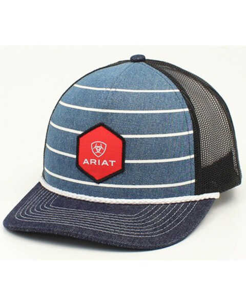 Image #1 - Ariat Men's Striped Denim Shield Logo Patch Ball Cap , Blue, hi-res