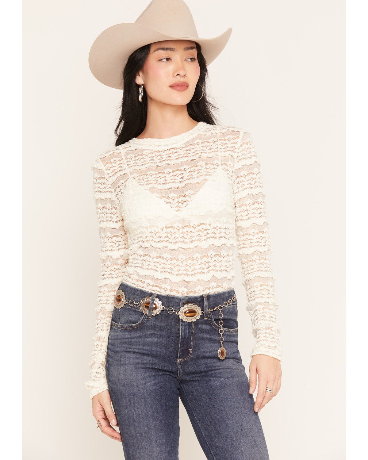 Shyanne Women's Ainsley Floral Tiger Eye Concho Chain Belt, Silver, hi-res