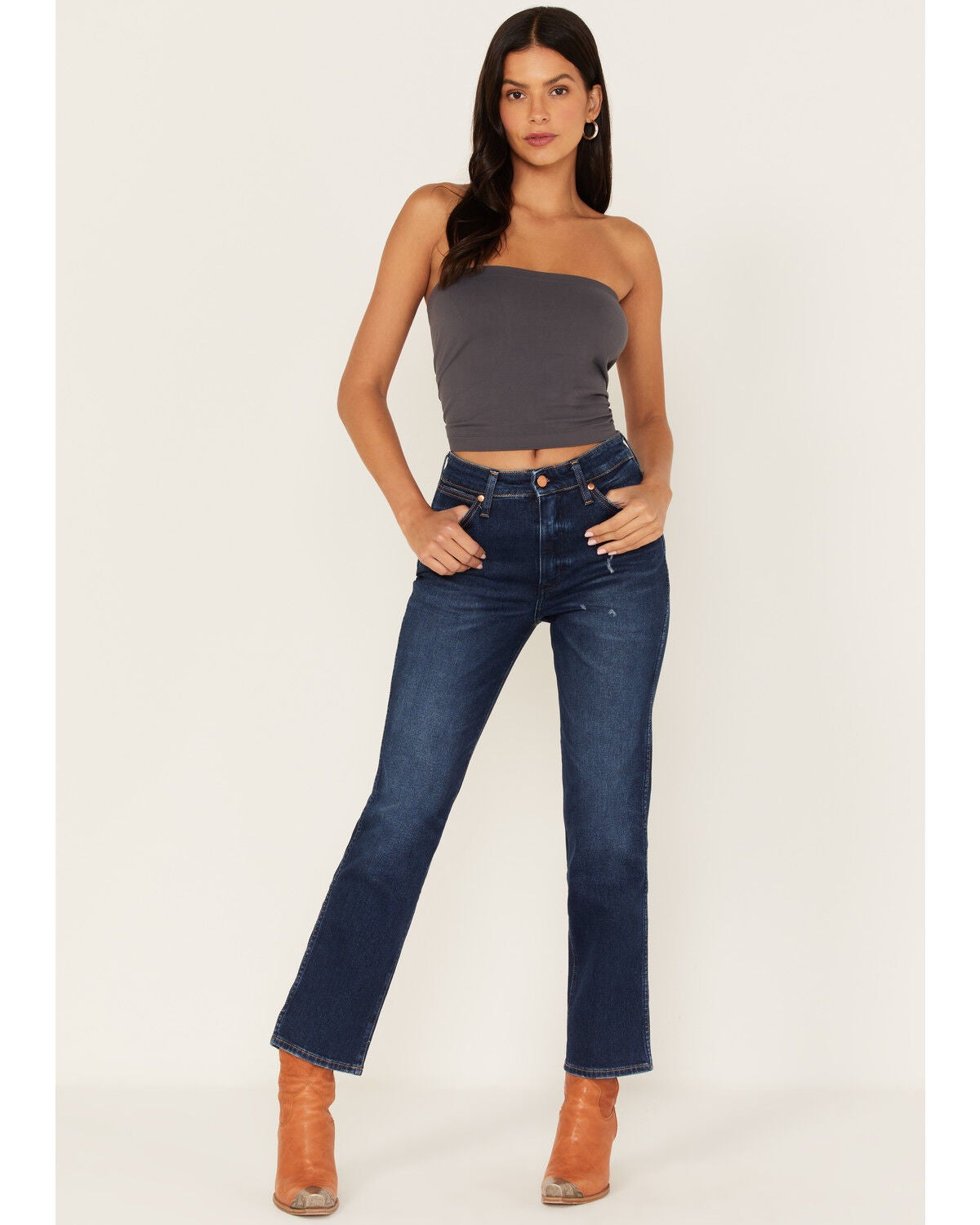 Wrangler Women's Wild West Dark Wash High Rise Stretch Straight Jeans, Blue, hi-res