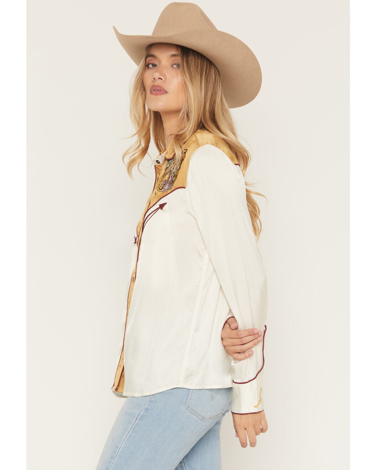 Image #2 - Kimes Ranch Women's Merada Western Embroidered Long Sleeve Snap Western Shirt, Gold, hi-res