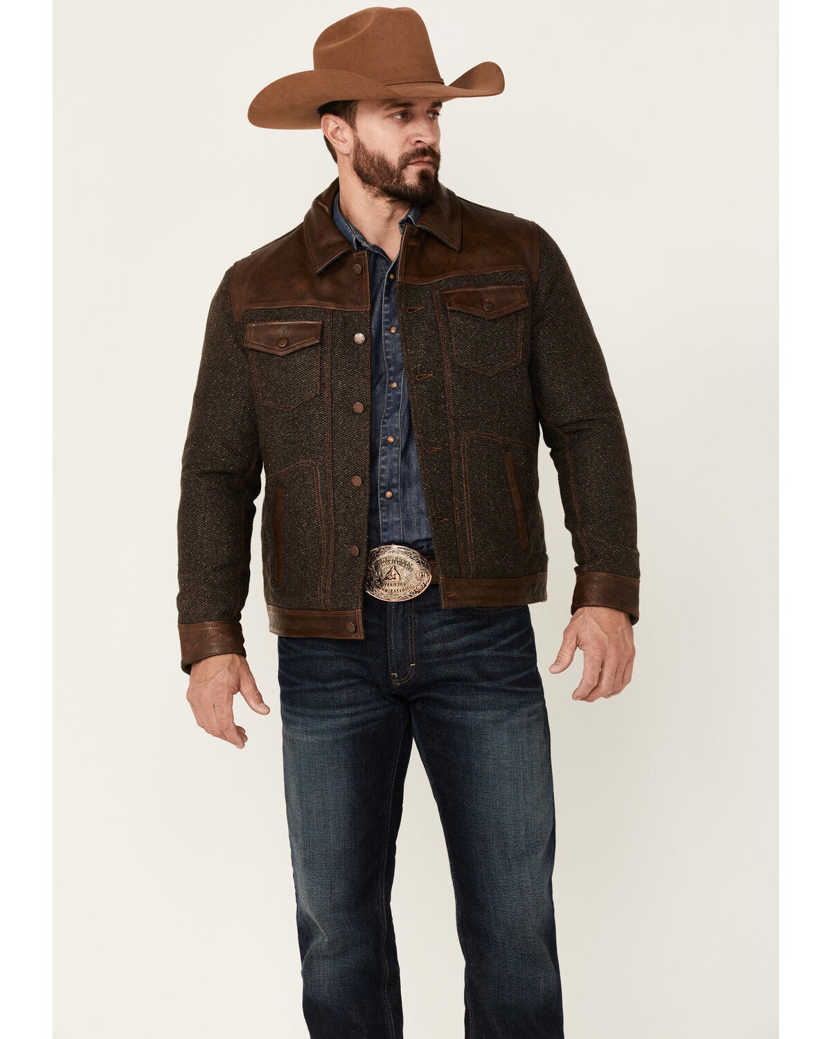 Scully Men's Vintage Herringbone Leather Trim Button-Front Jacket, Brown, hi-res