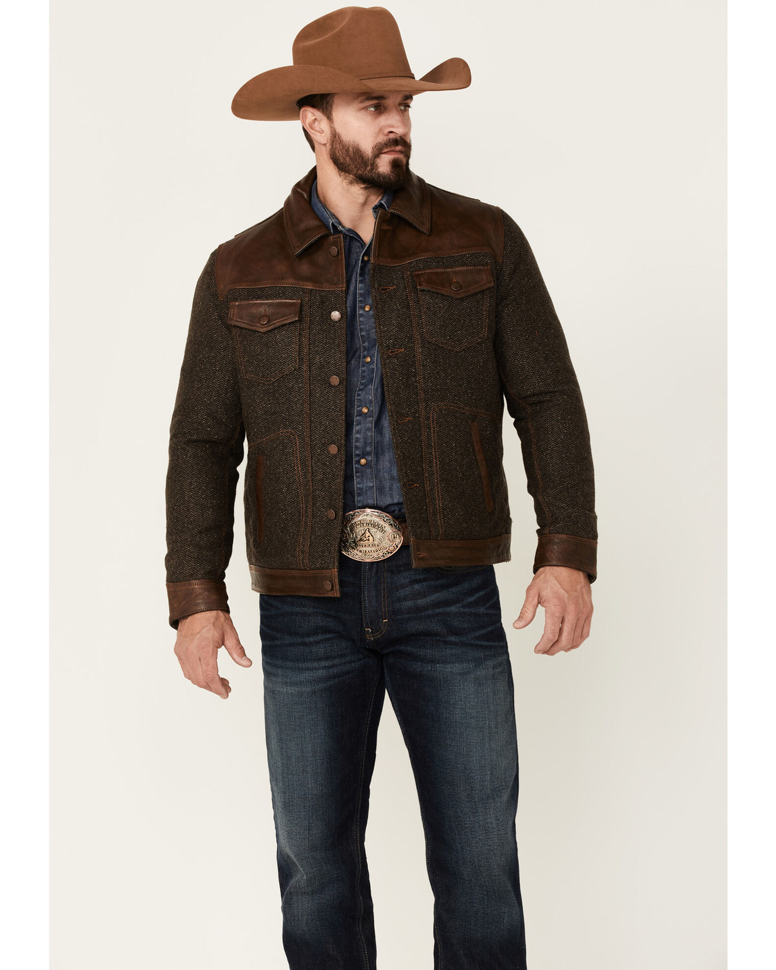 Scully Men s Vintage Herringbone Leather Trim Button Front Jacket