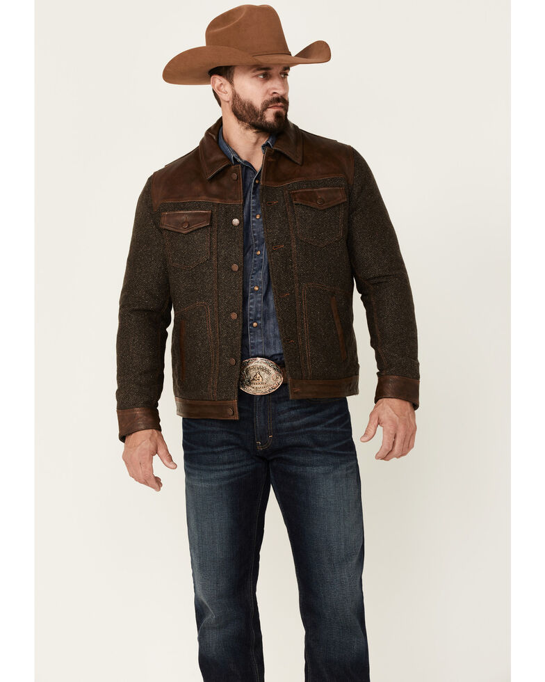 Scully Men's Vintage Brown Herringbone Leather Trim Button-Front Jacket , Brown, hi-res