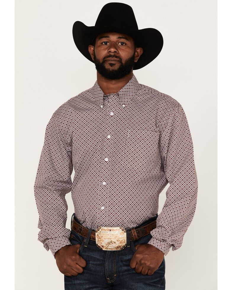 Cinch Men's Modern Fit Burgundy Geo Print Long Sleeve Button-Down Western Shirt , Burgundy, hi-res