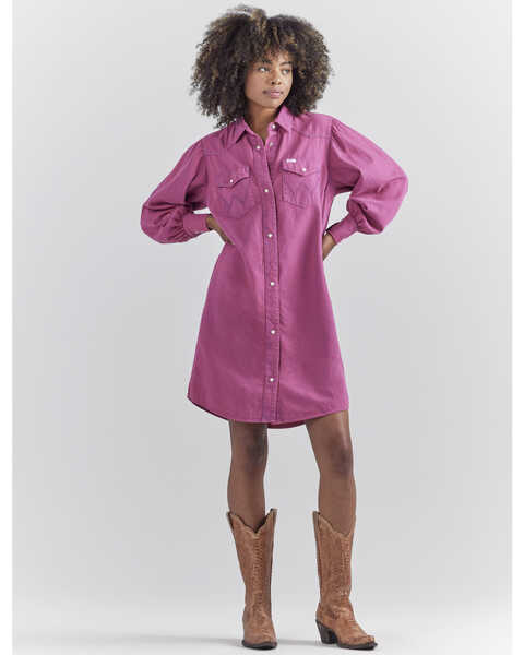 Image #1 - Wrangler® X Barbie™ Women's Dreamy Denim Western Shirt Dress, Pink, hi-res