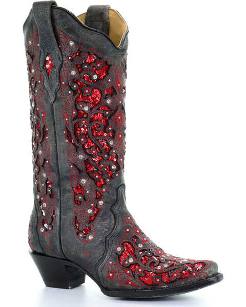 Corral Women's Crystal and Red Sequin Inlay Western Boots - Snip Toe, Black, hi-res