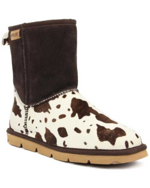 Superlamb Women's Turano Cow Print Real Hair-On Casual Pull On Boots - Round Toe , Chocolate, hi-res