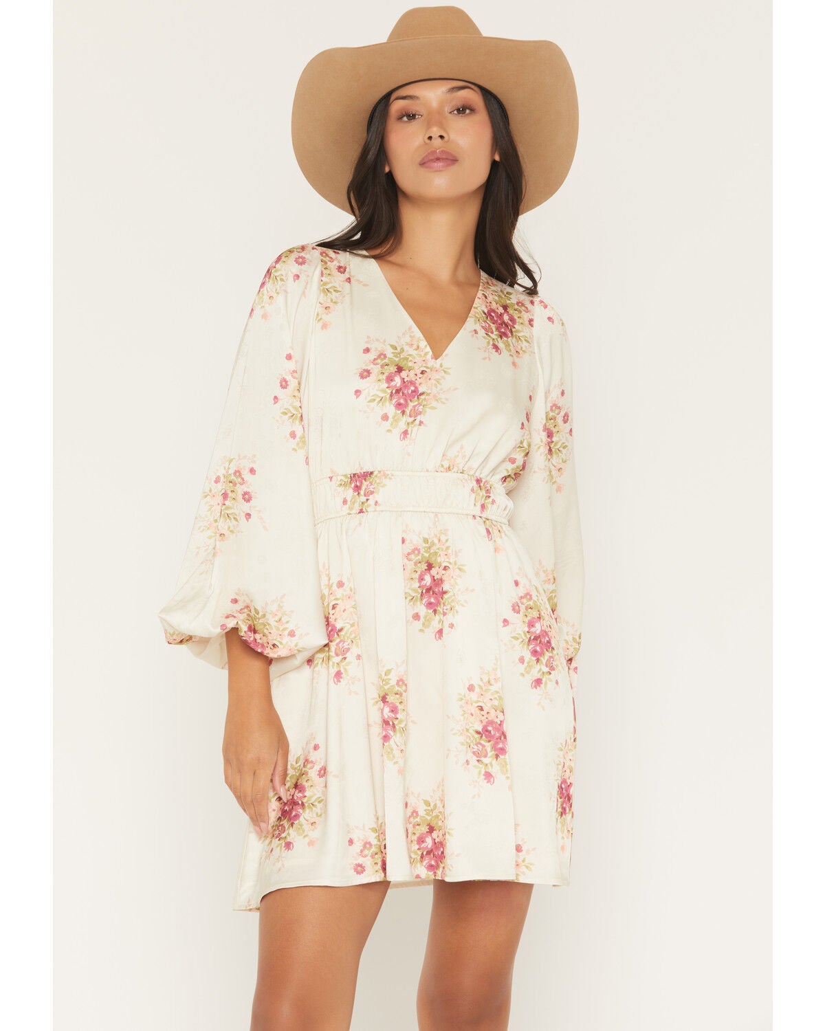 Shyanne Women's Floral Print Long Sleeve Satin Mini Dress, Cream, hi-res