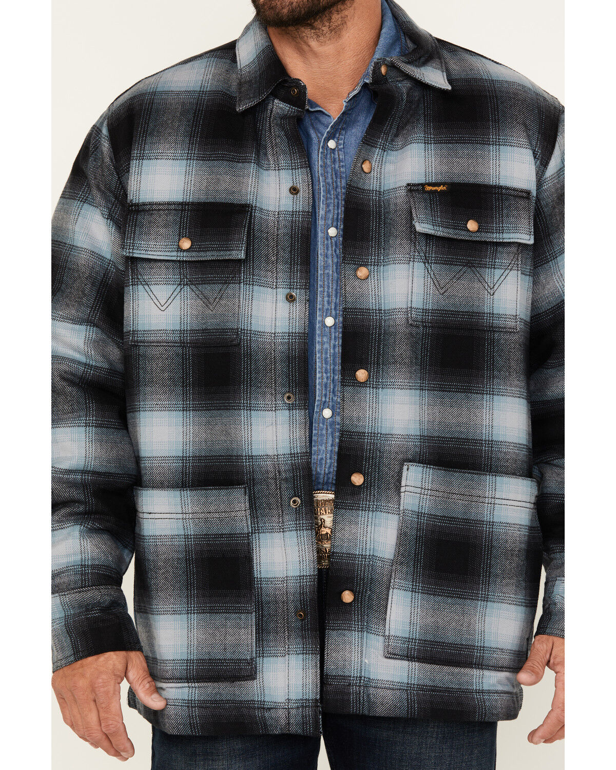 Image #3 - Wrangler Men's Hombre Sherpa Lined Plaid Print Snap Flannel Shirt Jacket, Blue, hi-res