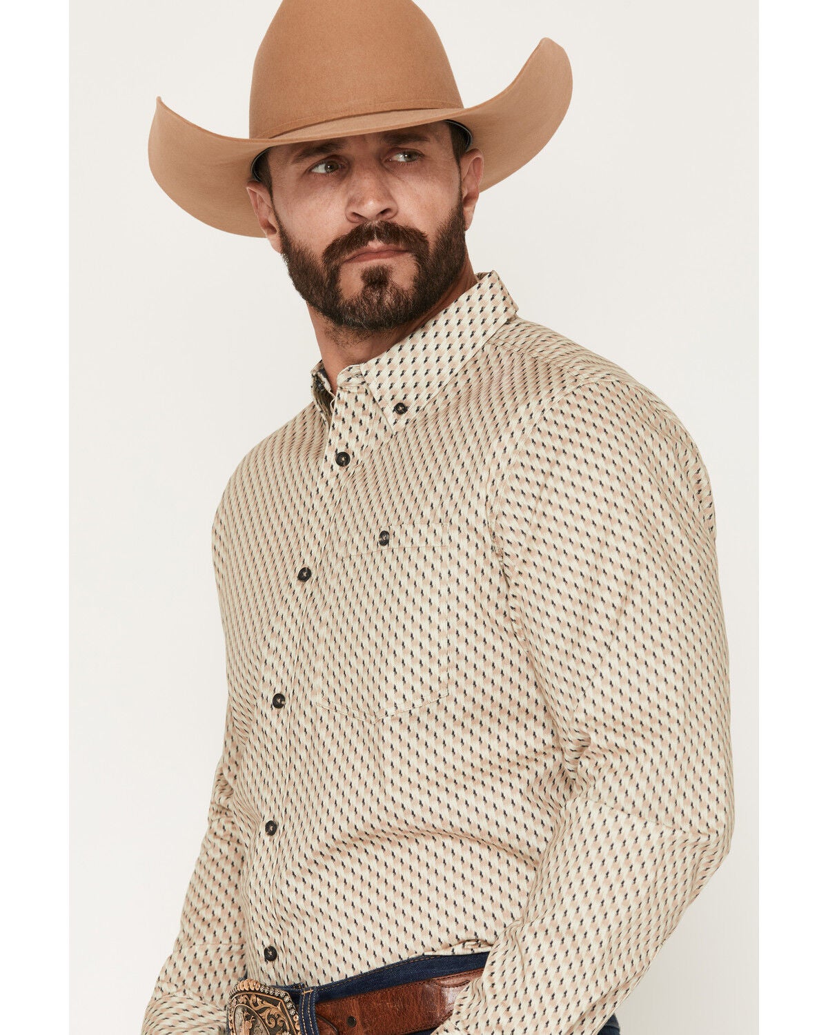 Image #2 - RANK 45&reg; Men's Men's Rowdy Geo Print Long Sleeve Button-Down Stretch Western Shirt, Tan, hi-res