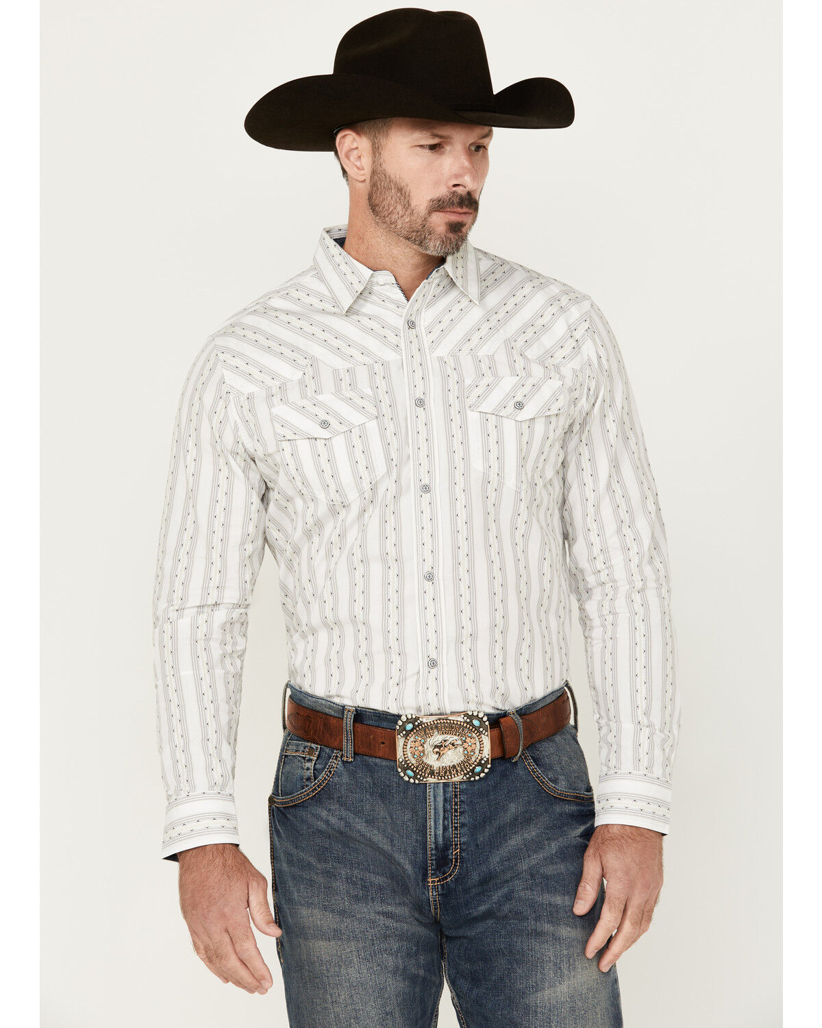 Image #1 - Moonshine Spirit Men's Backcountry Striped Long Sleeve Snap Western Shirt, White, hi-res