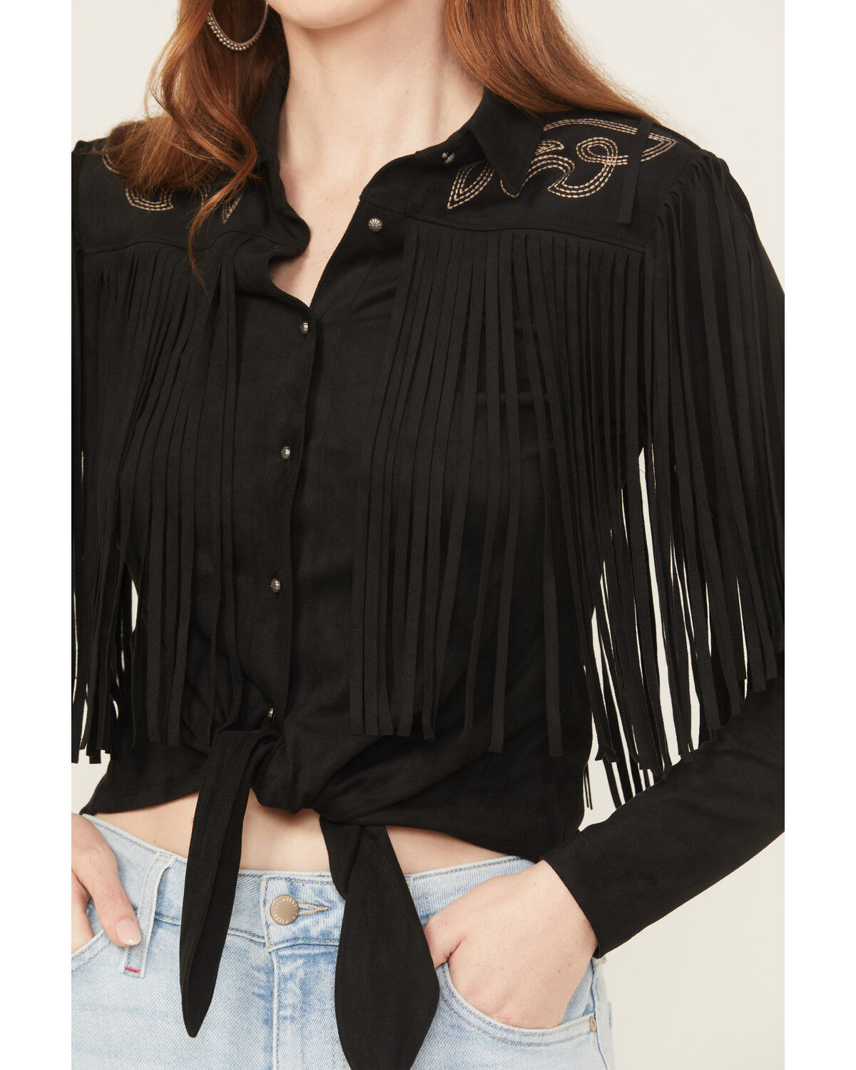 Image #3 - Idyllwind Women's McKinney Faux Suede Long Sleeve Fringe Top, Black, hi-res