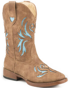 Roper Girls' Tan and Turquoise Glitter Breeze Cowgirl Boots - Square Toe , Tan, hi-res