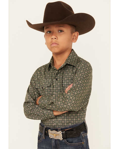 Roper Boys' Amarillo Ornate Geo Print Long Sleeve Snap Western Shirt, Green, hi-res