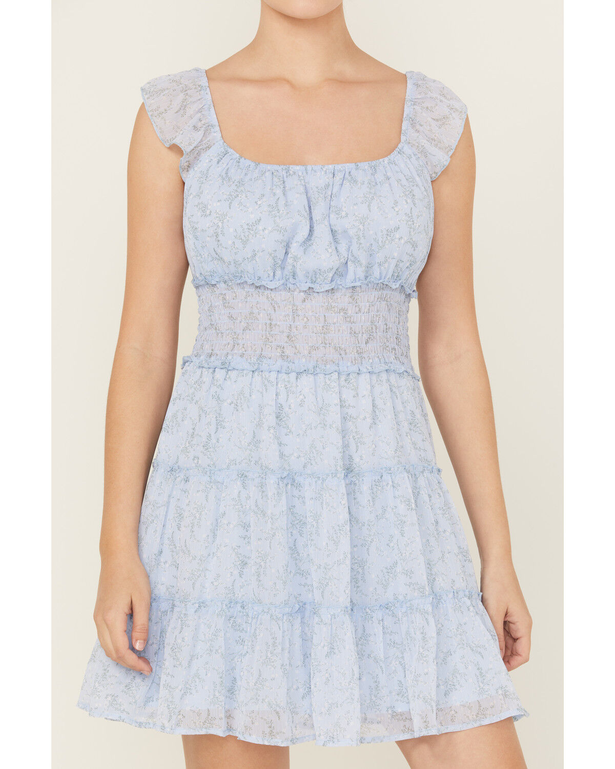 Image #2 - Ash & Violet Women's Floral Print Smocked Waist Mini Dress, Blue, hi-res
