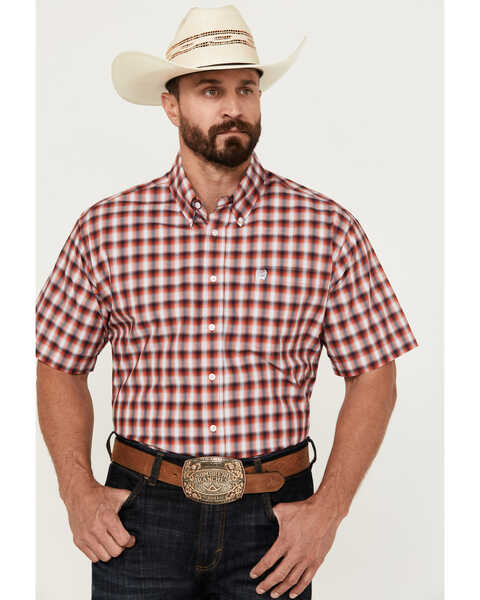 Cinch Men's Plaid Print Short Sleeve Button-Down Western Shirt, Red, hi-res