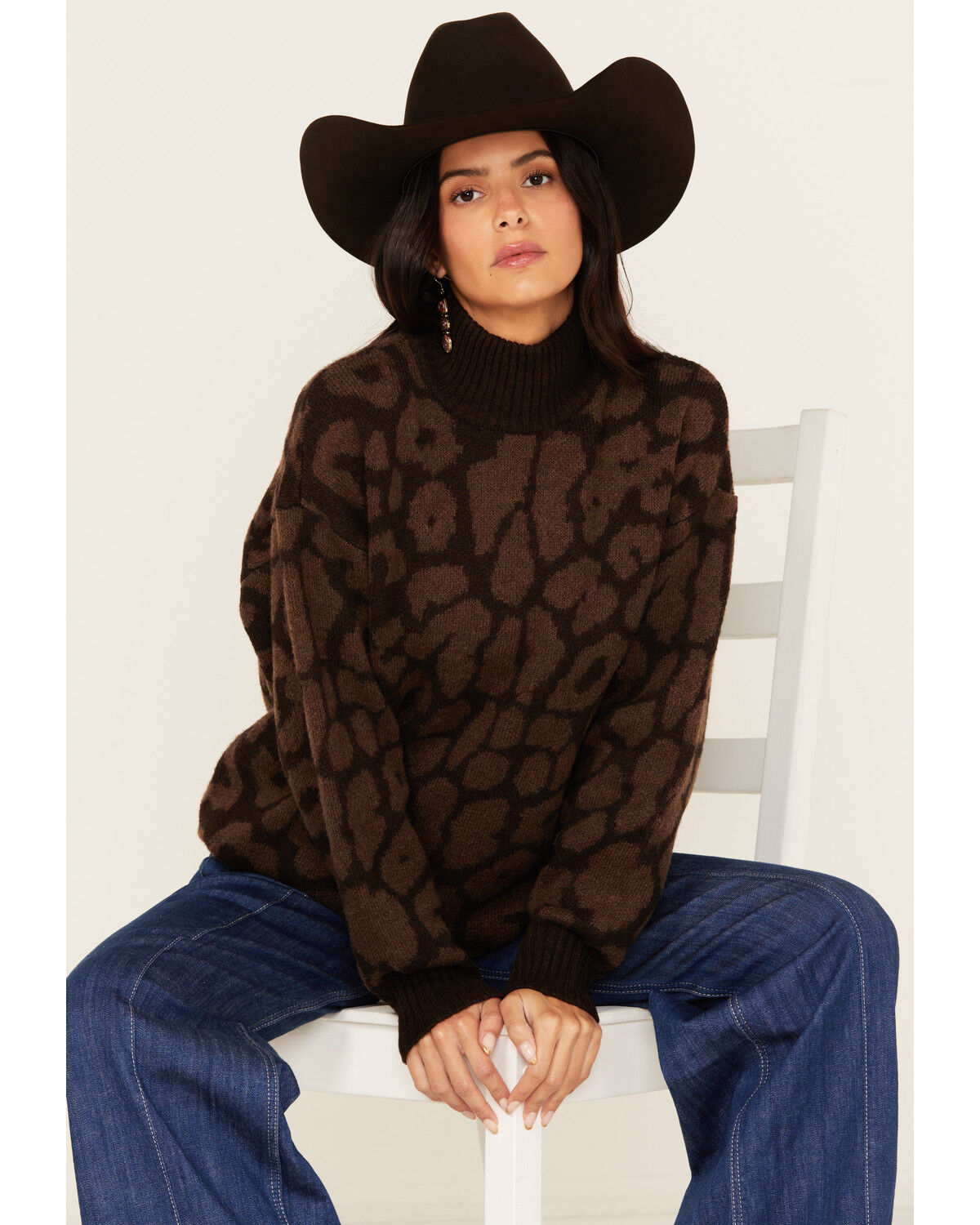 Image #1 - Ariat Women's Leopard Print Turtleneck Sweater, Brown, hi-res
