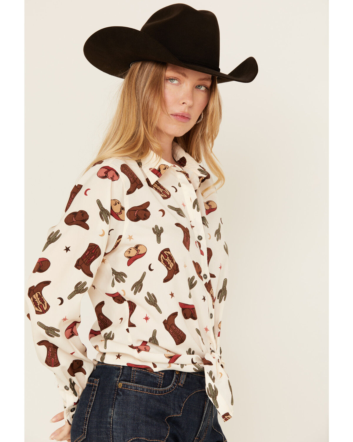 Image #2 - Ariat Women's Western Print Long Sleeve Button-Down Western Shirt, Cream, hi-res