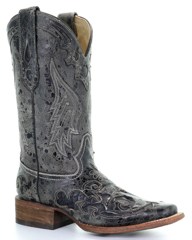 Corral Vintage Black Python Inlay Cowgirl Boots - Square Toe, Black, hi-res