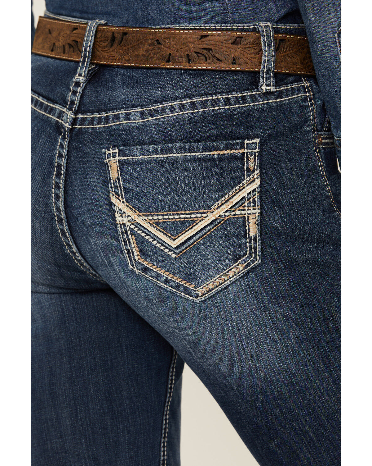 Image #2 - Rock & Roll Denim Women's Medium Wash Mid Rise Pleather Embroidered Pocket Bootcut Stretch Denim Jeans, Medium Wash, hi-res
