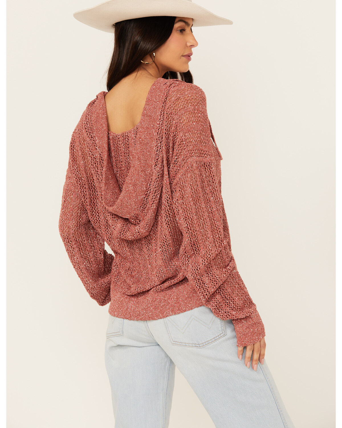 Image #4 - Cleo + Wolf Women's Blythe Deep V Weave Hooded Pullover, Peach, hi-res
