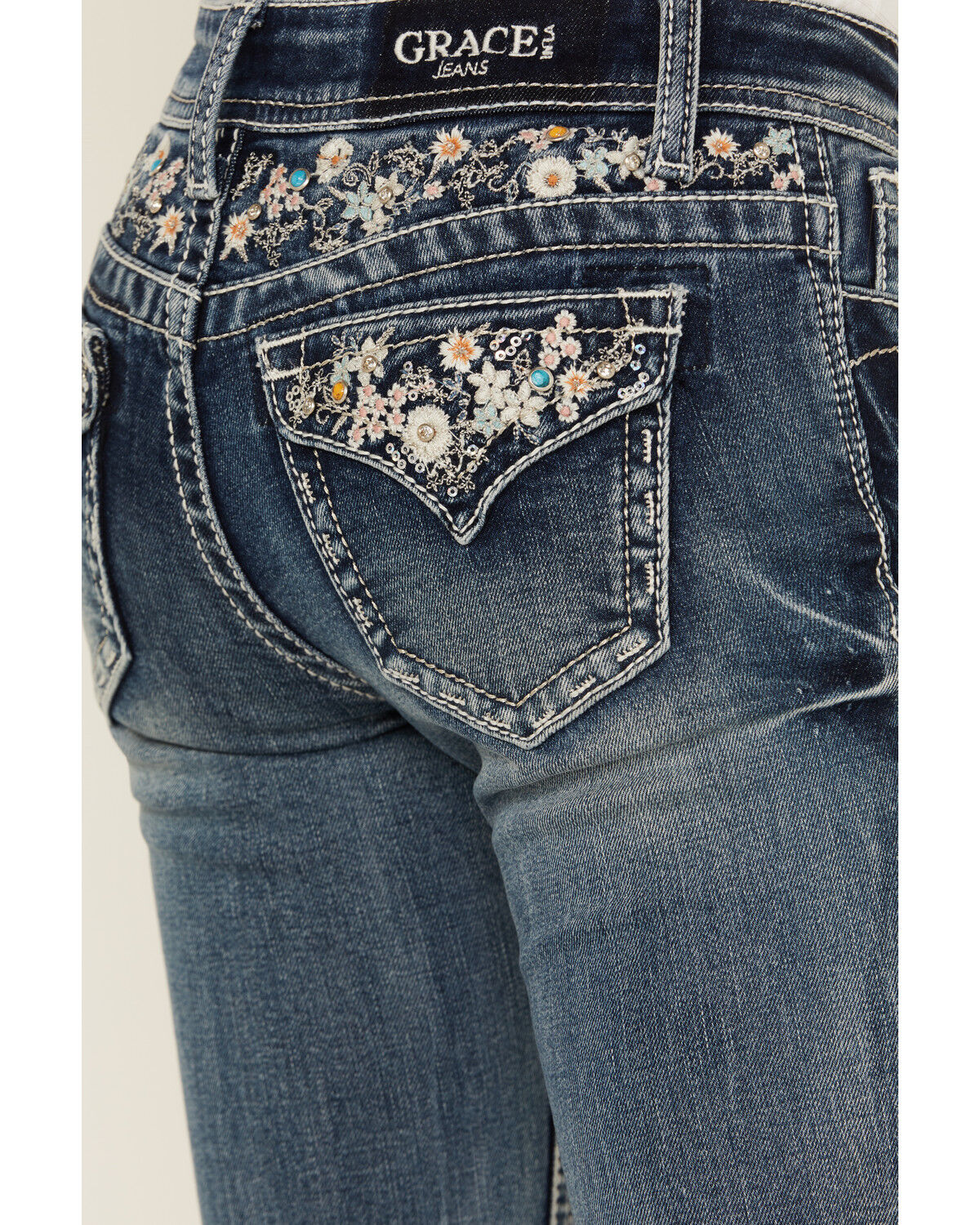 Image #2 - Grace in LA Girls' Medium Wash Floral Embroidered Stretch Bootcut Jeans, Medium Wash, hi-res