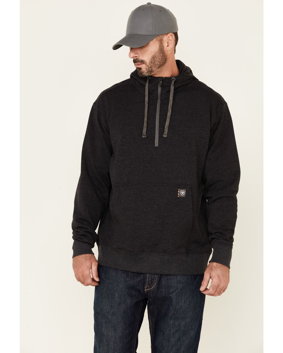 Ariat Men's Charcoal Rebar Workman 1/4 Zip Front Work Hooded Pullover, Charcoal, hi-res